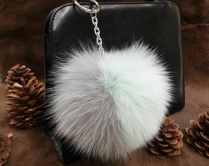 Fox fur bag charm grey-green pompom color,real fur pom pom, bag charm pom pom,pom pom keychain,real fur bag accessory, Gift for her