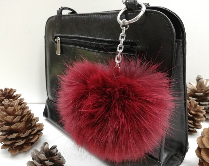 Real fox burgundy color bag charm pom pom,fur pom pom,real fox pom pom , pom pom keychain , fur bag accessory, Gift for women's and girls