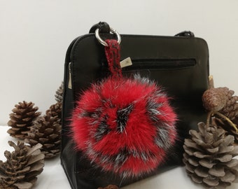 Real fox fur bag charm pom pom orange and silver gray color , fox fur ball , pom pom keyring , fur bag accessory, Gift for women's and girls