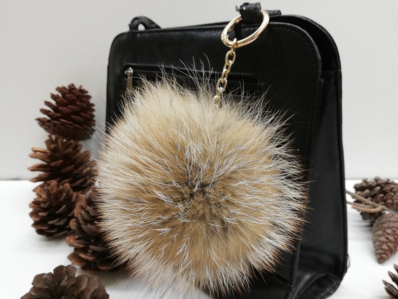 Real fox fur bag charm pom,fur pompom,real fox pom pom pom keychain,real fur bag accessory bright pink and gray color bag charm pom