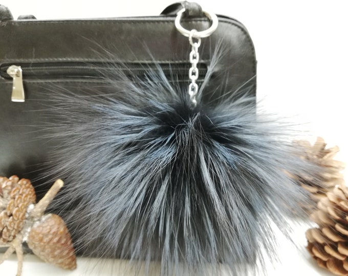 Silver fox fur bag charm keychain blue - black color ,fur ball ,real fur pompom keyring ,real fur bag accessory, Gift for women's and girls