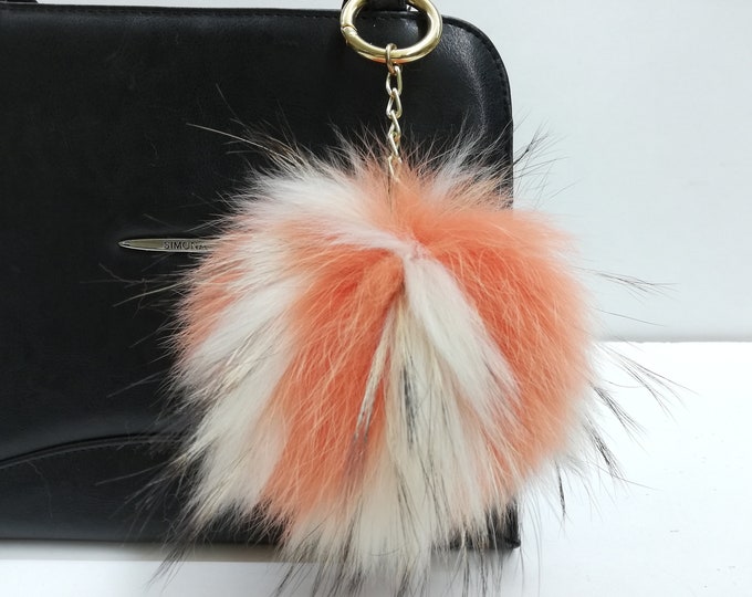 Fox & finnraccoon fur bag charm pompom orange beige ,fur ball keychain , fur pom pom keyring ,leather bags accessory, Gift for her