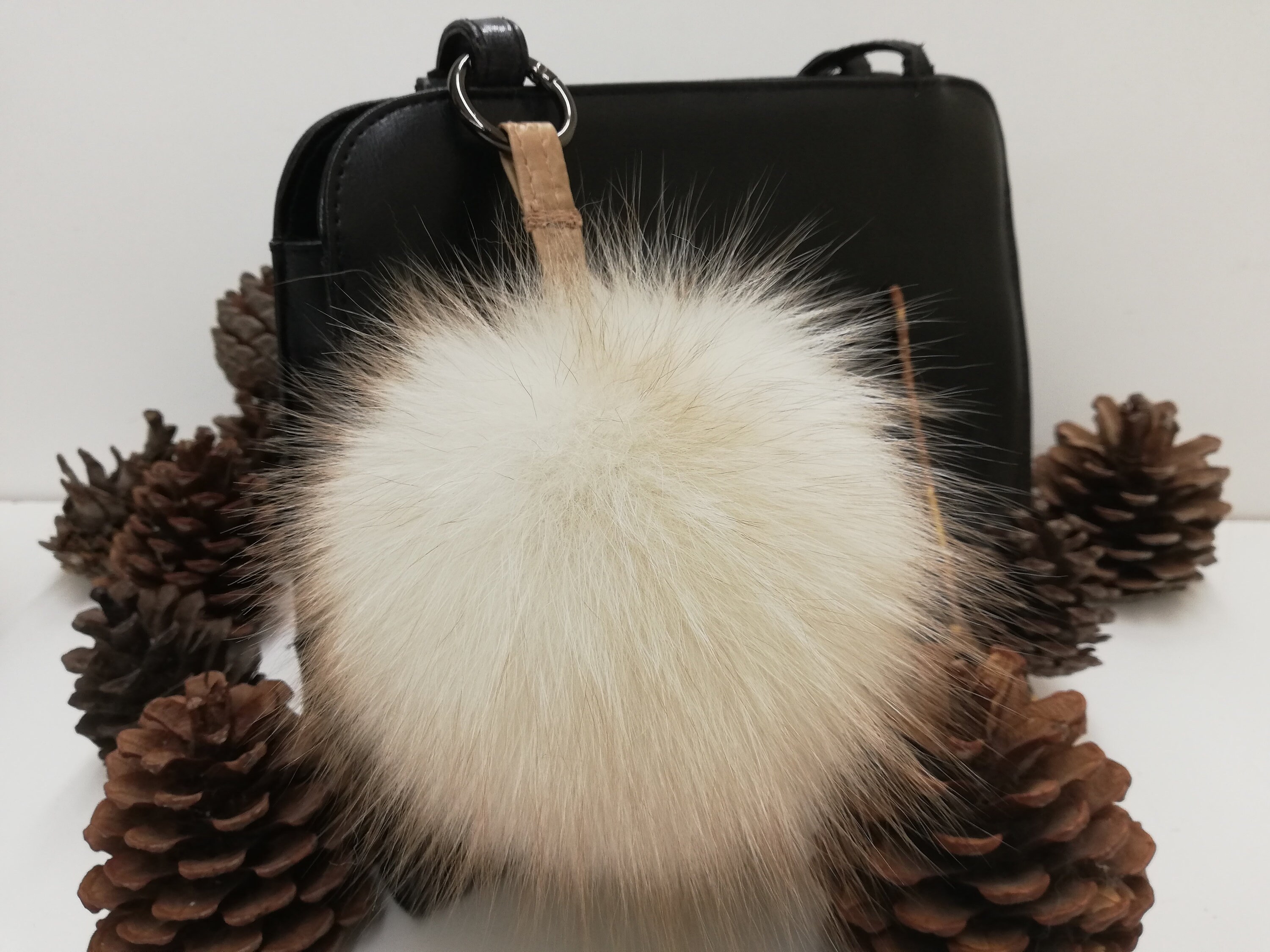 Real Fox Fur Beige Red Color Bag Charm Pom Pom fur 