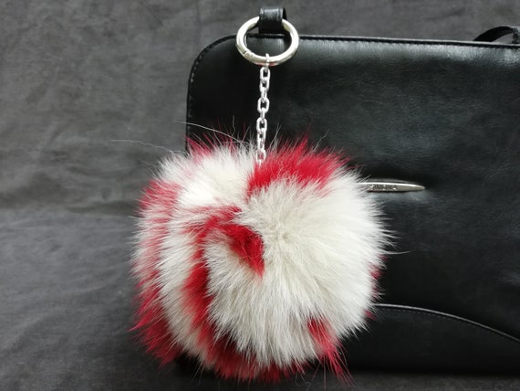 Real Fox Fur Beige Red Color Bag Charm Pom Pom fur 