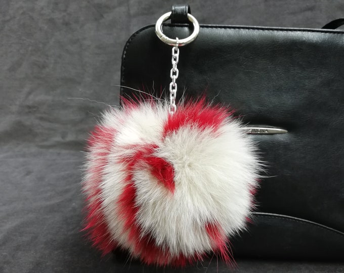 Real fox fur beige - red color bag charm pom pom ,fur ball,real fox fur multicolor pom pom keychain,fur bag accessory, Gift for her