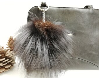 XXL Silver fox fur bag charm pompom dark grey & silver color , fur ball  keyring , fur pompom keychain, fur bag accessory, Gift for her