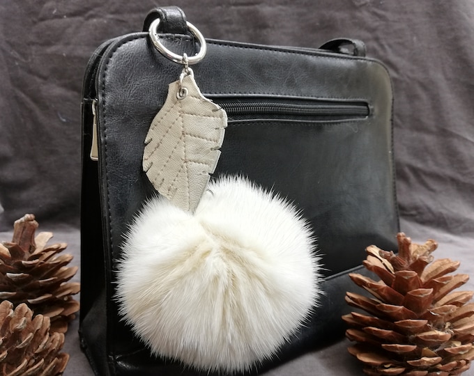 Real mink fur bag charm pompom bright beige color, pompom keychain with leather leaf ,real fur bag accessory, Gift for her