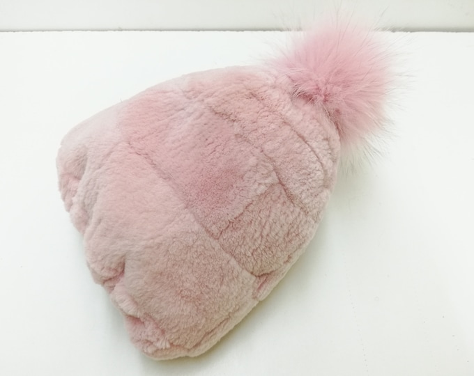 Handmade velvet nutria patchwork fur beanie ,real fur hat ,real fur beanie pink color with fox fur pompom, gift for women's and girls