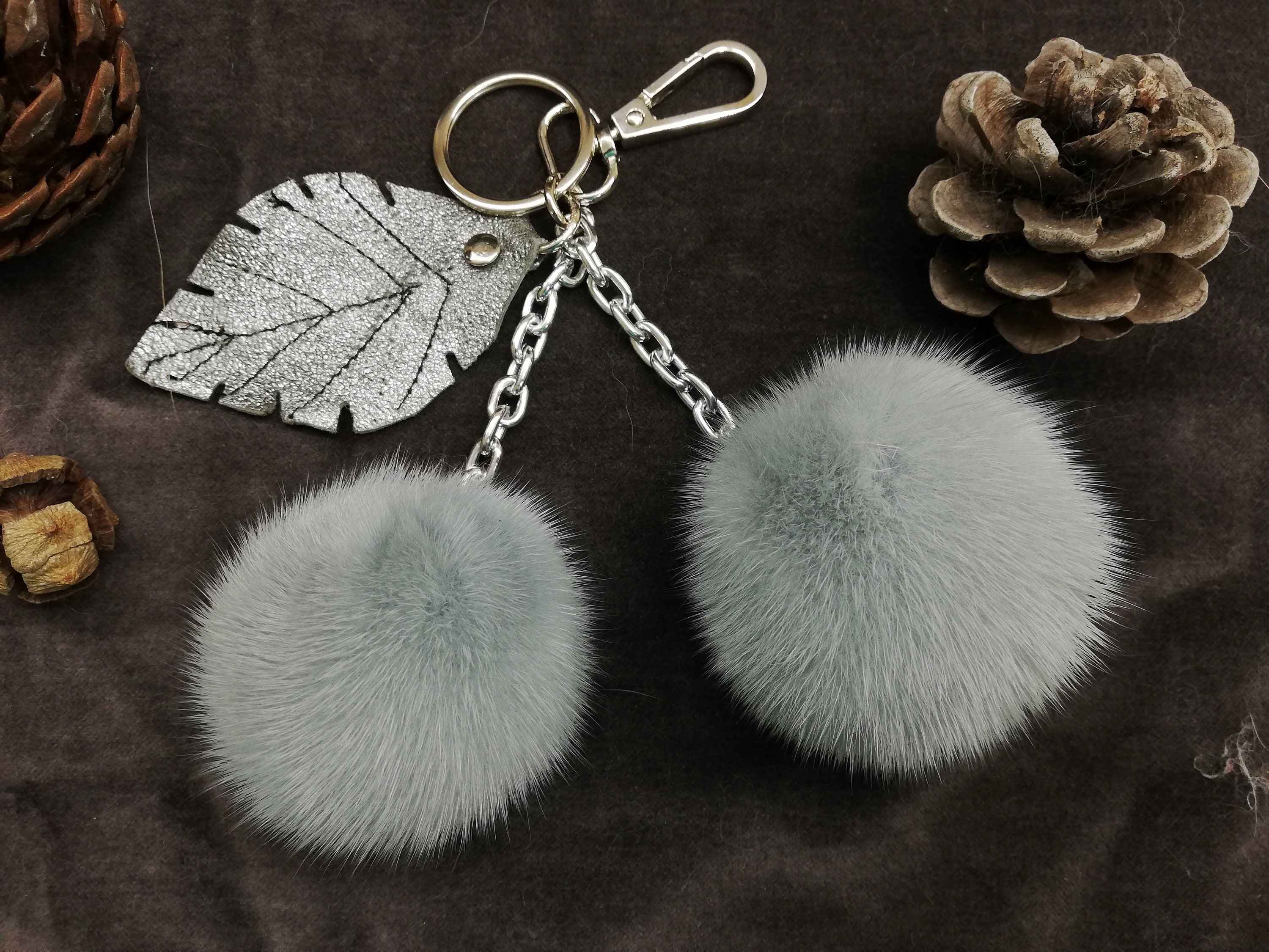 2 Real mink fur bag charm/keychain pompoms greyblue color with leather