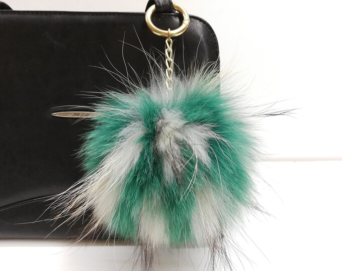 Fox & finnraccoon fur bag charm pompom green beige color ,fur ball keychain , fur pom pom keyring ,leather bags accessory, Gift for her