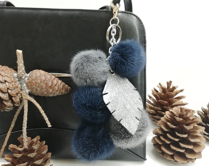 5 Mink fur pompom bag charm Keychain with leather leaf , mink bag charm keyring, real fur bag accessory, Gift for women, Gift for  her