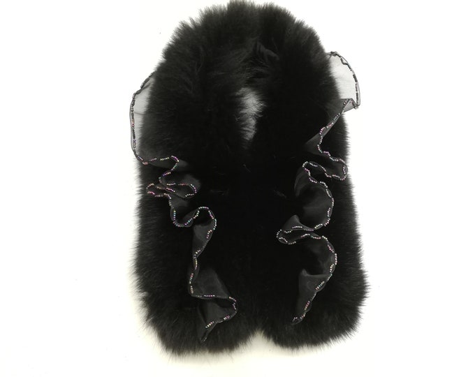 Real fox fur collar black color , Fox fur shawl with satin ribbon and plastic beads in the middle of the collar ,Winter fox fur collar