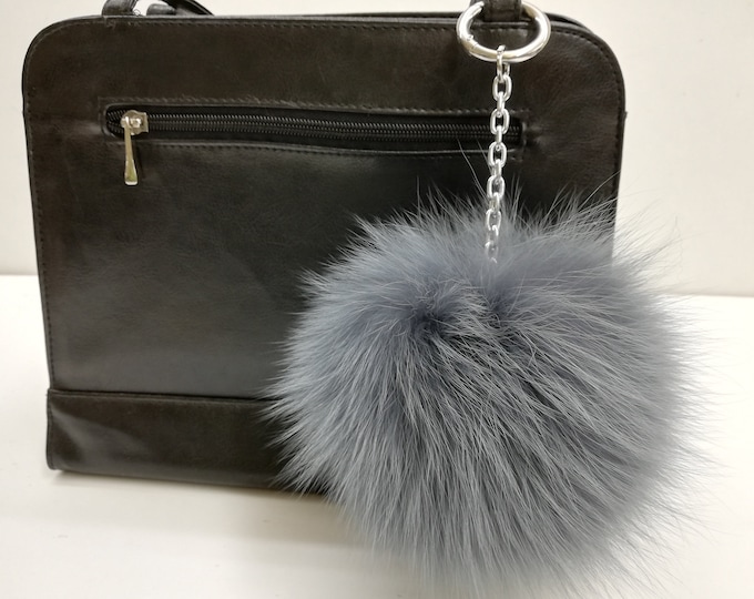 Real fox fur bag charm keychain pompom grey color dyed , fur ball , real fur pom pom , pompom keyring , real fur bag accessory