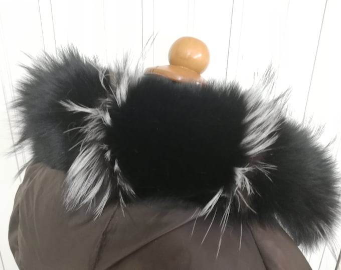 Real arctic and silver fox fur hood trim black and silver gray color, fox fur ruff ,fur collar trim ,fur scarf ,fox fur stripe , coat trim