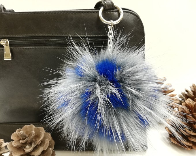 Fox fur bag charm pompom grey-blue color,pom pom keychain ,fur ball, gift for her, real fur bag accessory, Gift for women's and girls