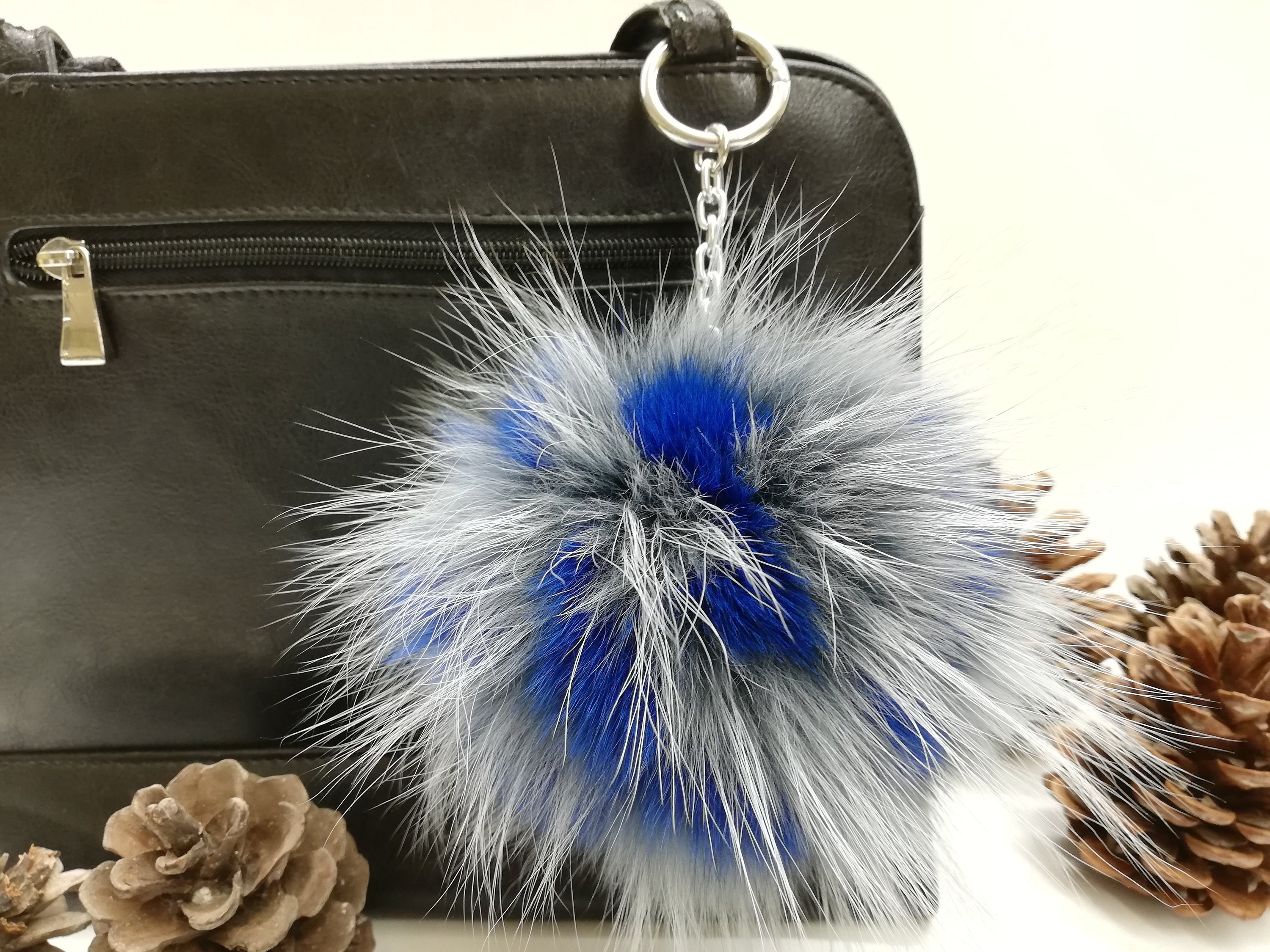 Fox fur bag charm pompom grey-blue color,pom pom keychain ,fur ball, gift  for her, real fur bag accessory, Gift for women's and girls