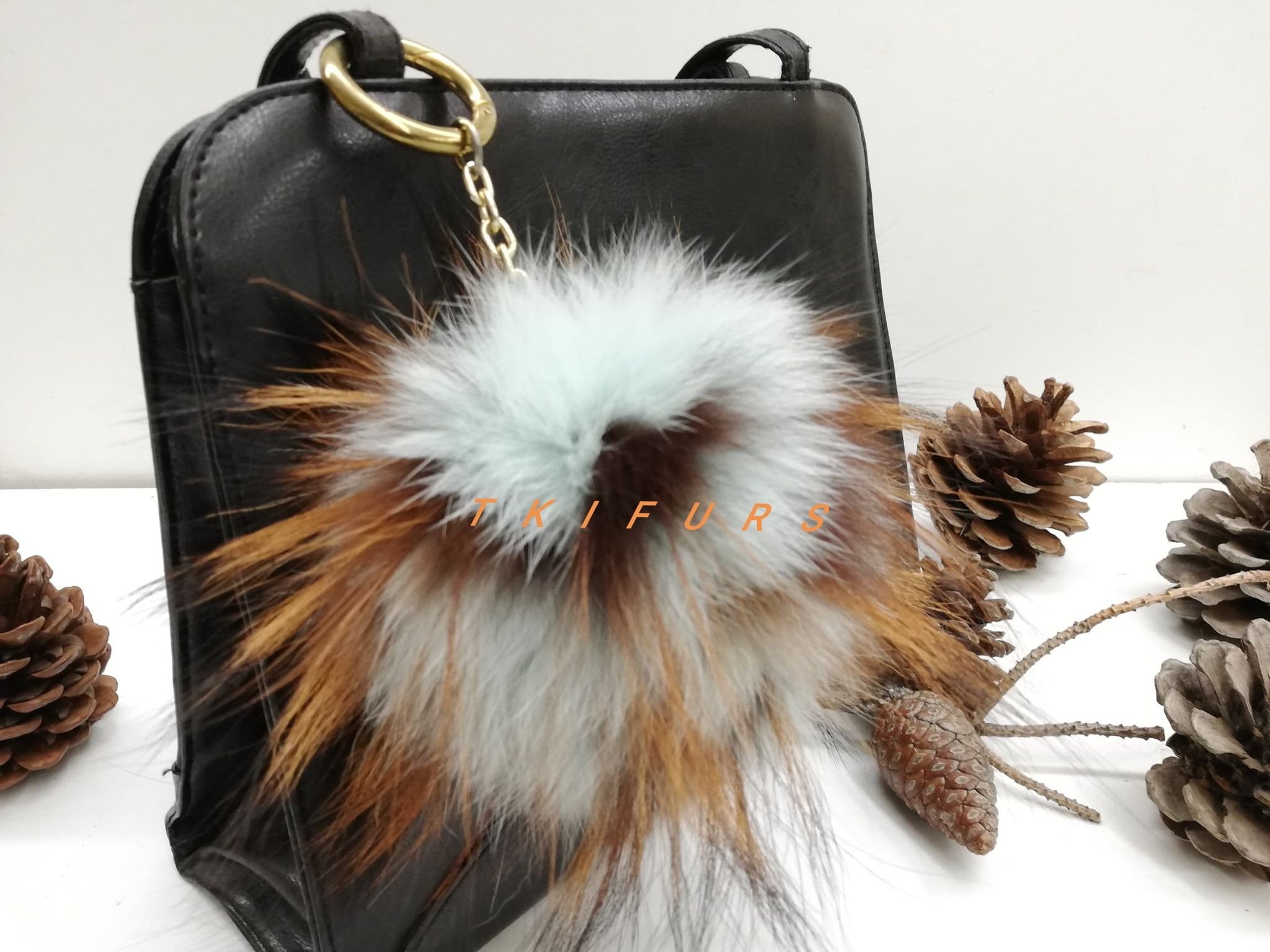 Real fox fur bag charm pom pom mind green brown color fox fur