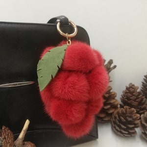 12 real Mink fur bag charm pompoms with leather leaf in bunch of grapes optik, red fur pom poms, bag charm keyring, fur bag accessory image 3