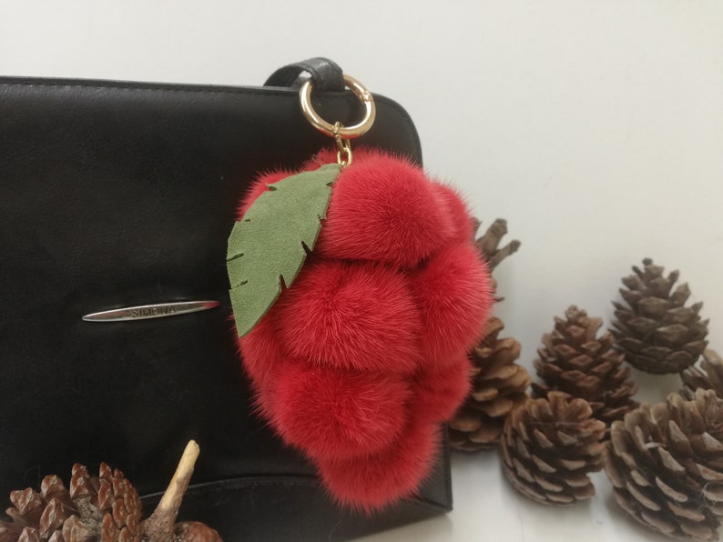 12 real Mink fur bag charm pompoms with leather leaf in bunch of grapes optik, red fur pom poms, bag charm keyring, fur bag accessory image 3