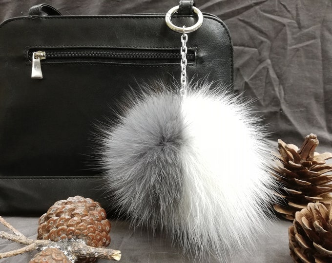 Fox fur bag charm two tone grey & beige color,real fur pompom,real fox pom, bag charm pom pom,pompom keychain,real fur bag accessory
