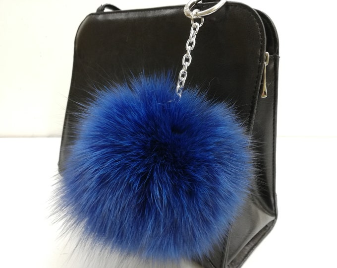 Real  fox fur bag charm pom pom dyed blue color,real fox pompom,pom pom keychain,real fur bag accessory