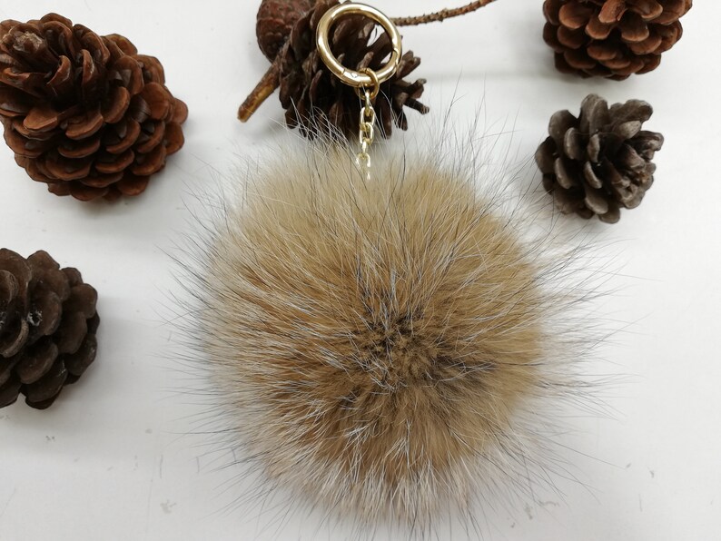 Real fox fur bag charm pom,fur pompom,real fox pom pom pom keychain,real fur bag accessory bright pink and gray color bag charm pom