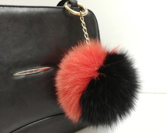 Fox fur bag charm pompom black orange color ,fur ball keychain , fur pom pom keyring ,leather bags accessory, Gift for women and girls
