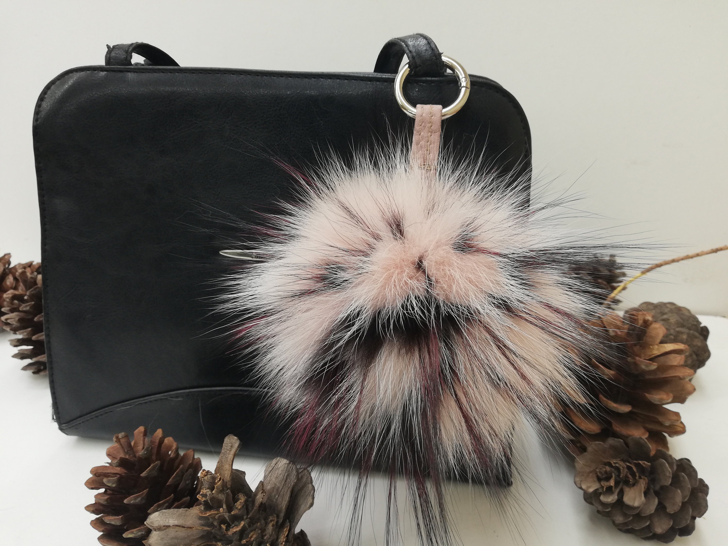 Real Fox Fur Beige Red Color Bag Charm Pom Pom fur 