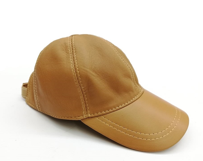 Leather baseball hat camel-  brown, winter leather jockey, genuie Sheep leather baseball cap, adjustable leather jockey, Nappa leather hat