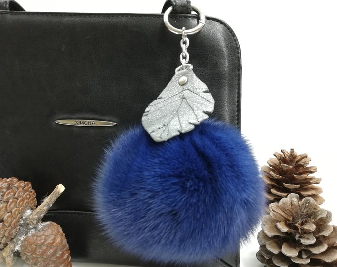 Real mink fur bag charm pompom blue color, pompom keychain with leather leaf ,real fur bag accessory, Gift for her