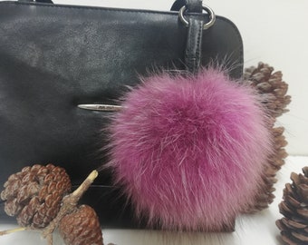 Real fox fur bag charm pom pom bright lilac color ,fox fur ball ,pom pom keyring ,real fur bag accessory, Gift for women's and girls