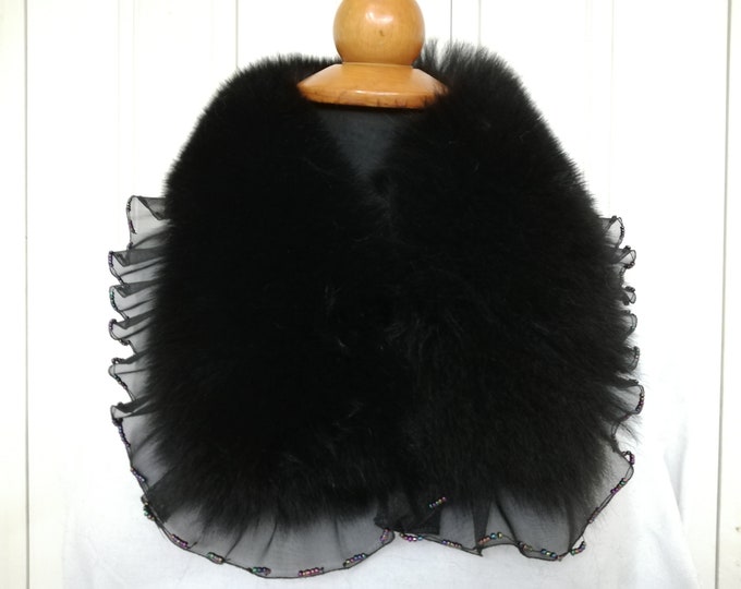 Real fox fur collar black color , Fox fur shawl with satin ribbon and plastic beads in the outer edge of the collar , Winter fox fur collar