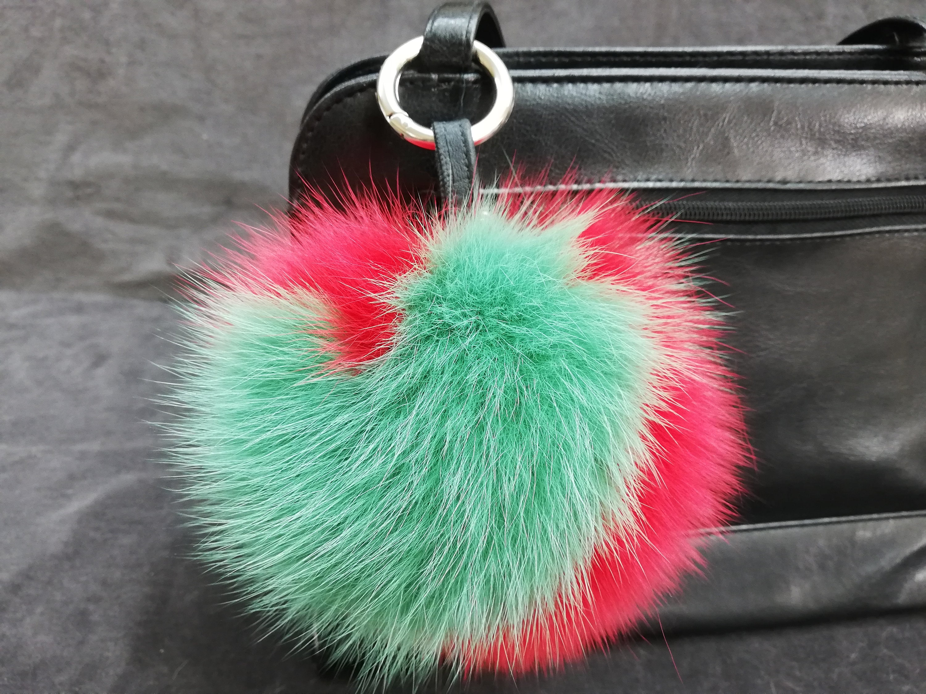 Fox fur bag charm dyed green & red color,real fur pompom,real fox pom, bag  charm pompom,pompom keychain,real fur bag accessory, Gift for her