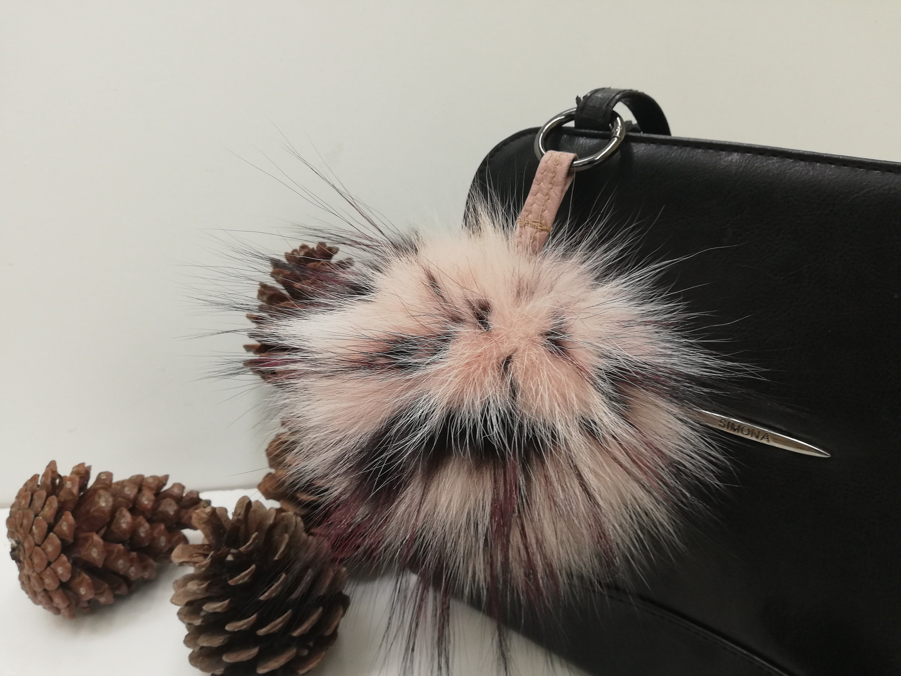 Real Fox Fur Beige Red Color Bag Charm Pom Pom fur 