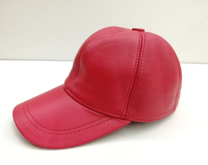 Leather baseball hat red color , winter leather jockey, genuie Sheep leather baseball cap, adjustable leather jockey, Nappa leather hat