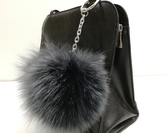 Real fox fur bag charm pompom grey color ,fur accessories , real fur pom pom ,pom pom keychain,real fur bag accessory, fox fur ball