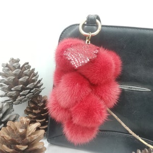 12 real Mink fur bag charm pompoms with leather leaf in bunch of grapes optik, red fur pom poms, bag charm keyring, fur bag accessory image 6