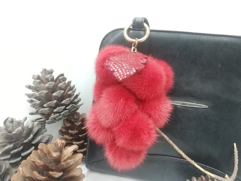 12 real Mink fur bag charm pompoms with leather leaf in bunch of grapes optik, red fur pom poms, bag charm keyring, fur bag accessory image 6