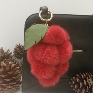 12 real Mink fur bag charm pompoms with leather leaf in bunch of grapes optik, red fur pom poms, bag charm keyring, fur bag accessory Green suede leather