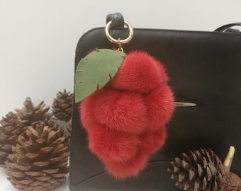 12 real Mink fur bag charm pompoms with leather leaf in bunch of grapes optik, red fur pom poms, bag charm keyring, fur bag accessory
