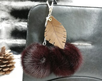 Wine-Red Mink Fur Pompom Bag Charm: Handmade Leather Leaf Keychain