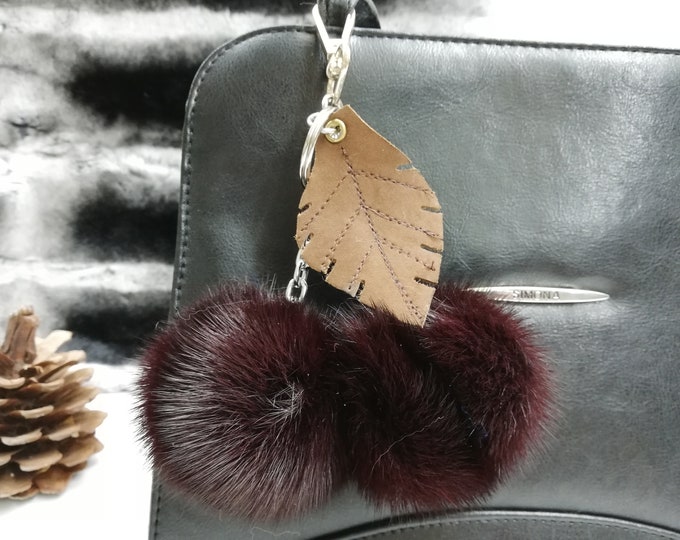 2 Real mink fur bag charm/keychain pompoms dark wine-red color with leather leaf ,bag charm keyring, real fur bag accessory, Gift for her