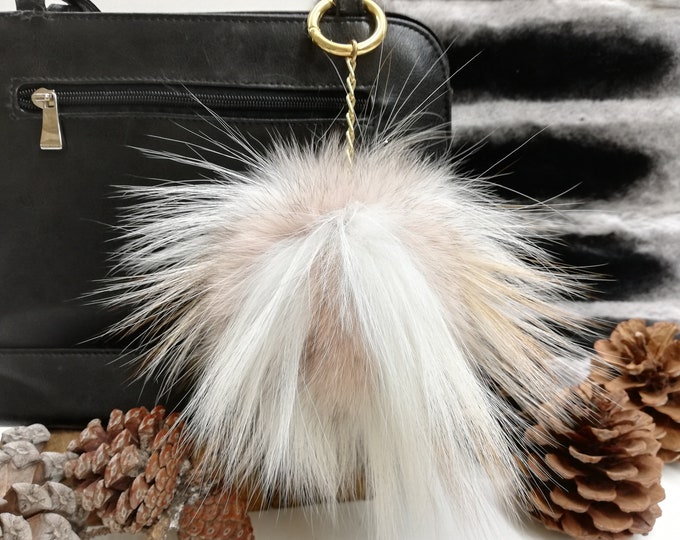 XL fox fur bag charm keychain pompom rosa beige color ,fur ball ,pompom keyring-keychain, real fur bag accessory, Gift for women's and girls