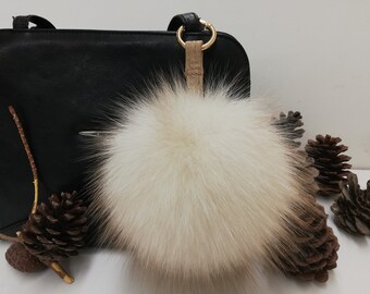 Real fox fur bag charm pom light beige color ,fox fur ball ,pom pom keyring ,real fur bag accessory, Gift for women's and girls