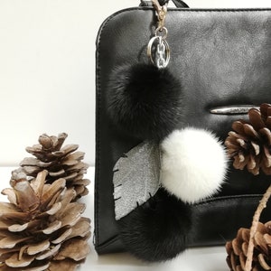 Handmade Mink Fur Pom Pom Bag Charm: Black & White with Leather Leaf