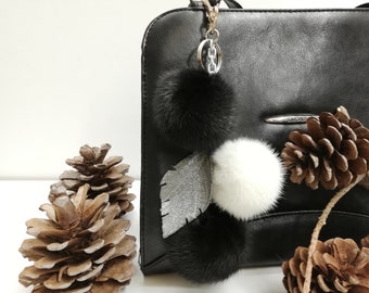3 Real mink fur bag charm keychain pompom black & white with leather leaf, Gift for her , fur bag accessory , Gift idea , mink fur keyring