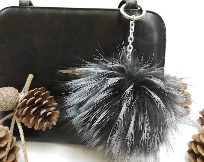 Real finraccoon fur dark blue color bag charm  pom pom ,real fox pom ,fox pom pom keyring , fur bag accessory