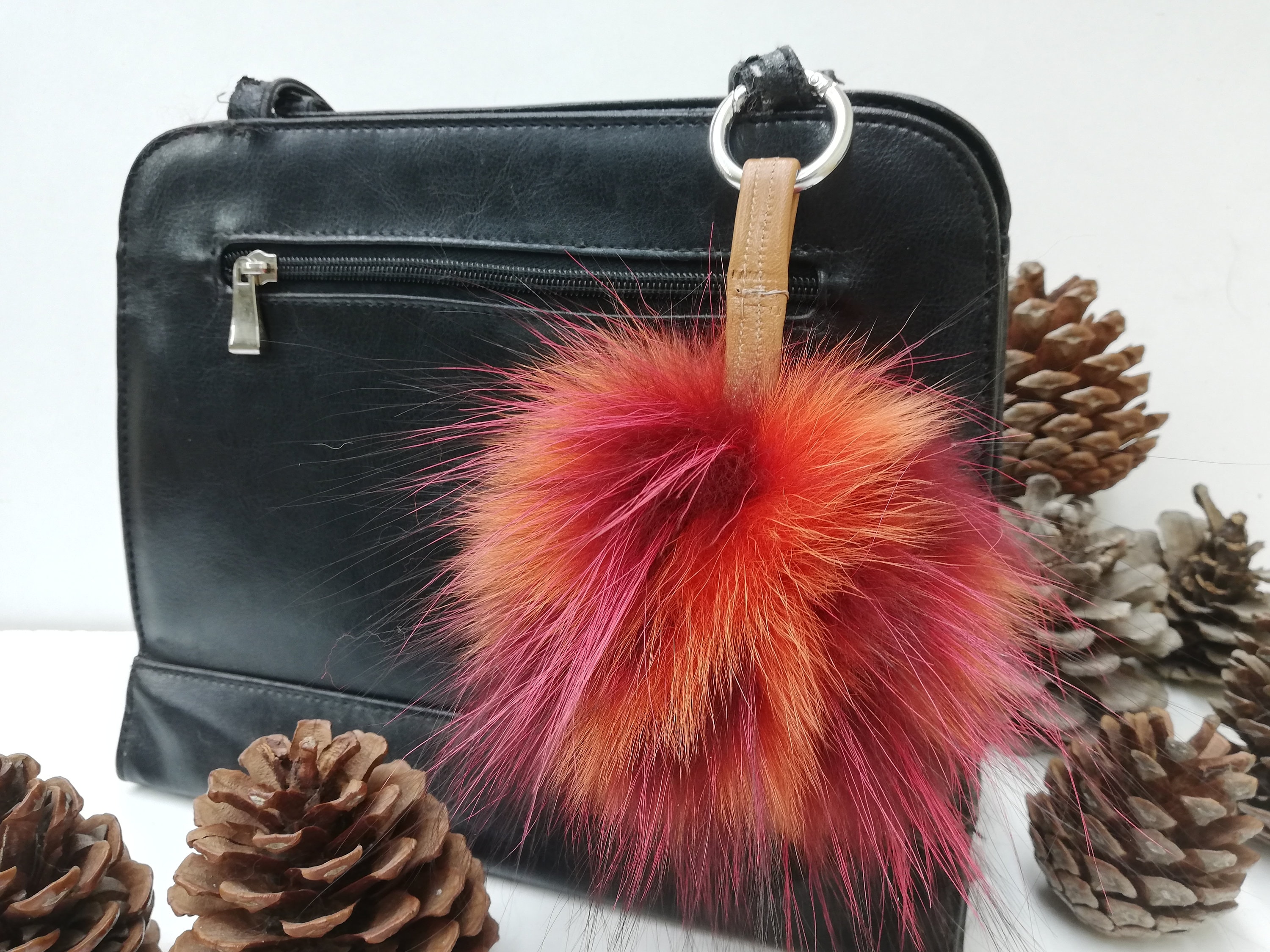 Real fox fur bag charm pom pom orange and wine red color , fox fur ball , pom  pom keyring , fur bag accessory, Gift for women's and girls