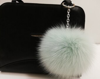 Fox fur bag charm green mind color,real fur pom pom,real fox pom, bag charm pom pom,pom pom keychain,real fur bag accessory, Gift for her