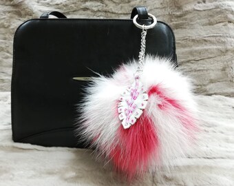 Real fox fur bag charm pompom two-tone rose and red color with white tone leather leaf ,bag charm pom pom keychain,real fur bag accessory